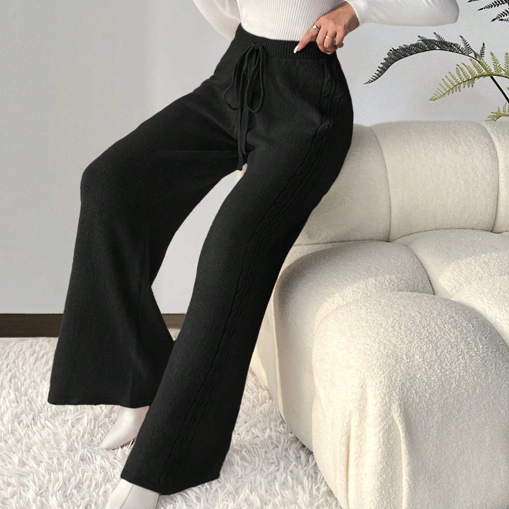 Black Casual Womens Drawstring Waist Wide Leg Knit Pants - Picture 5 of 5